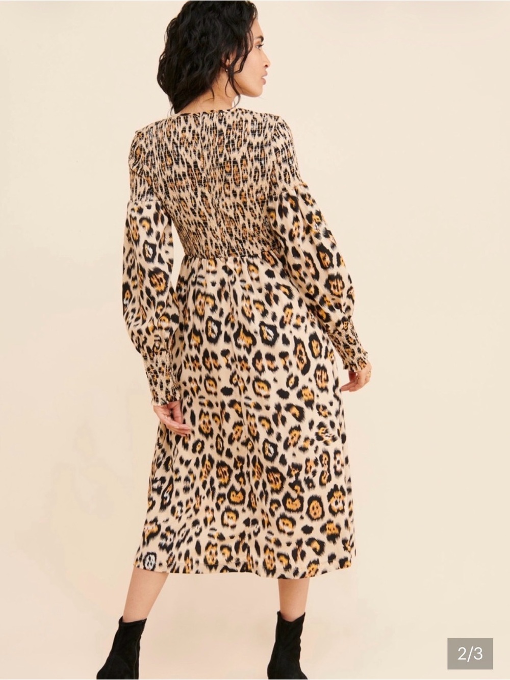 Leopard Print Long Sleeve Smocked Midi Dress - Beige/Tan - Picture 8 of 8